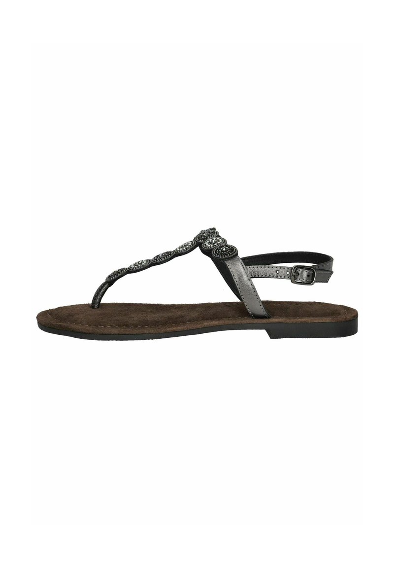 Sandali piatti con dito neri, dotati di una fascia intrecciata con dettagli metallici. Soletta marrone chiaro con superficie texture, cinturino alla caviglia regolabile.