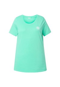 Krátké tričko světle zelené barvy z bavlny s kulatým výstřihem a bílým motivem oka na hrudi.