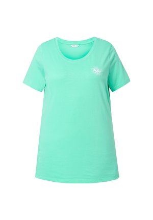 Mintgroen, kortärmelig T-shirt van katoen, met een ronde hals en een wit ooggrafisch ontwerp op de borst.