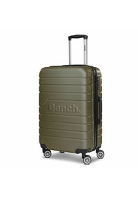 Valigia rigida di colore verde oliva. Presenta un design rigato, cerniere nere, un manico estraibile e quattro ruote girevoli per la mobilità.