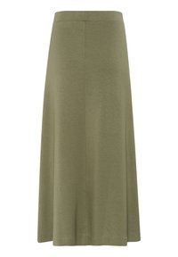 Falda hasta la rodilla de color verde oliva, hecha de tela suave y elástica; presenta una cintura sencilla y sin costuras y una silueta acampanada. Sin estampados ni adornos.