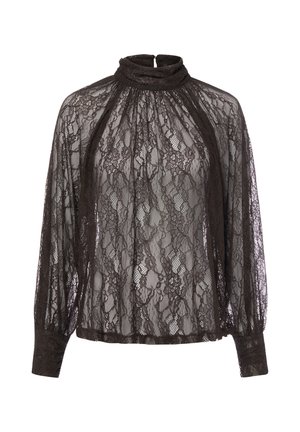 Blouse noire en dentelle à manches longues avec col montant, motif floral et fermeture par bouton au dos du col.