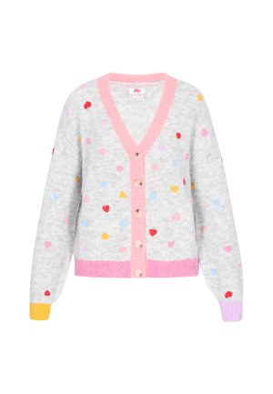 Cárdigan gris con escote en V, ribete rosa y patrones de corazones multicolores. Cuenta con botones en la parte delantera y puños acanalados en colores pastel.