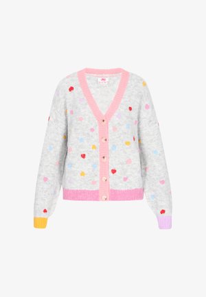 Gilet gris avec un col en V, des bordures roses et des motifs de cœurs multicolores. Présente des boutons sur le devant et des poignets côtelés aux couleurs pastel.
