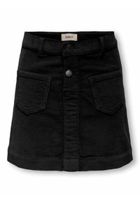 Gonna mini di velluto nero con tasche frontali, due bottoni e una vita con passanti per cintura.