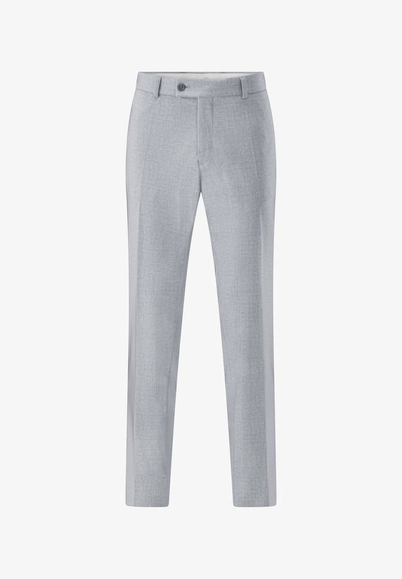 Light gray tailored trousers with a textured fabric, two side pockets, and a single front button closure. Straight-leg design.