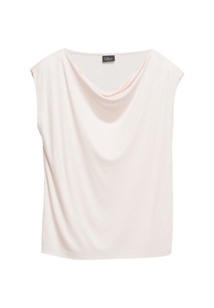 Miękki różowy top bez rękawów z drapowanym dekoltem i luźnym krojem, wykonany z gładkiej, lekkiej tkaniny.