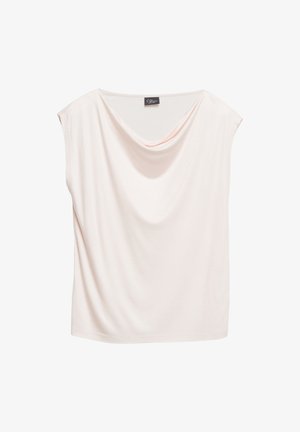 Miękki różowy top bez rękawów z drapowanym dekoltem i luźnym krojem, wykonany z gładkiej, lekkiej tkaniny.