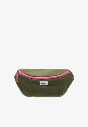 Sac banane en tissu côtelé vert olive avec une fermeture éclair rose et une étiquette blanche "ROXY" au centre avant.