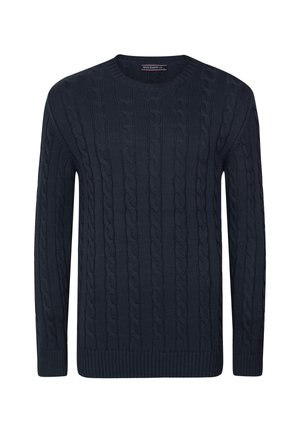 Granatowy sweter w splot warkoczowy z okrągłym dekoltem i elastycznymi mankietami. Charakteryzuje się teksturowanym wzorem i luźnym krojem.