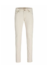Jean beige coupe slim avec cinq poches, fermeture par bouton et coutures visibles sur fond blanc.
