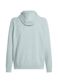 Sweat à capuche bleu clair avec une texture douce, doté d'une capuche, de manches raglan et d'un ourlet et de poignets côtelés. Design minimaliste, vue arrière unie.