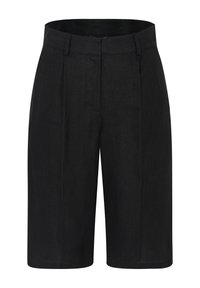 Schwarze Leinen-Shorts mit geradem Schnitt, mit vorderen Falten und einem Bund, glatter Textur und knielangem Design.