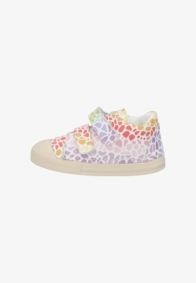 Lässiger Sneaker mit drei Klettverschlüssen, beiger Sohle und mehrfarbigem Kieselmuster in pastellfarbenen Regenbogentönen.