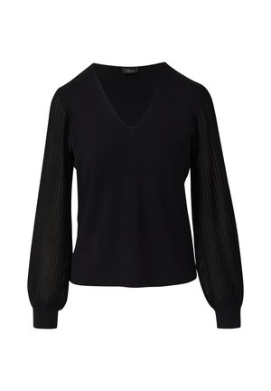 Pull noir avec décolleté en V, présentant un devant en tissu uni et des manches texturées plissées. Les poignets côtelés aux extrémités des manches complètent le design.