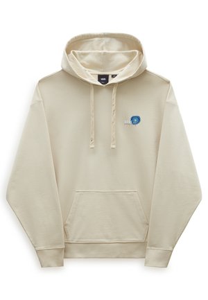 Sudadera beige de Vans con bolsillo frontal tipo canguro, capucha con cordón, puños acanalados y un pequeño logo circular azul en el pecho izquierdo.
