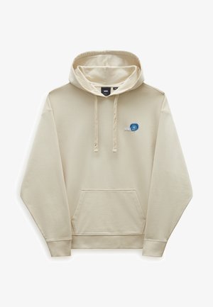 Beige Vans -huppari, jossa etutasku, kiristysnyöri hupussa, resorit hihansuissa ja pieni sininen pyöreä logo vasemmassa rinnassa.