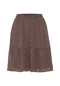 Hnědá sukně s růžovým a černým paisley vzorem, elastický pas a nařasený šev blízko dolního lemu pro široký siluetu.