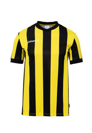 Maglia sportiva a maniche corte con strisce verticali gialle e nere, colletto nero e logo "uhlsport" sul petto.