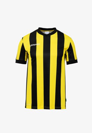 Kurzärmeliges Sporttrikot mit vertikalen gelben und schwarzen Streifen, schwarzem Kragen und „uhlsport“-Logo auf der Brust.