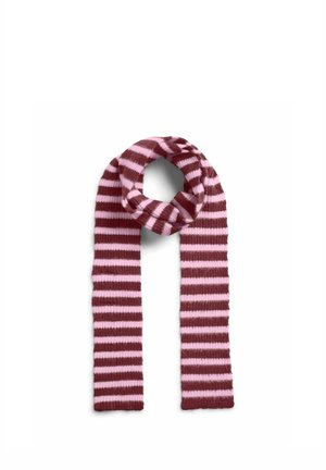 Écharpe tricotée avec des rayures horizontales alternant rouge foncé et rose clair, présentée en boucle sur un fond blanc.