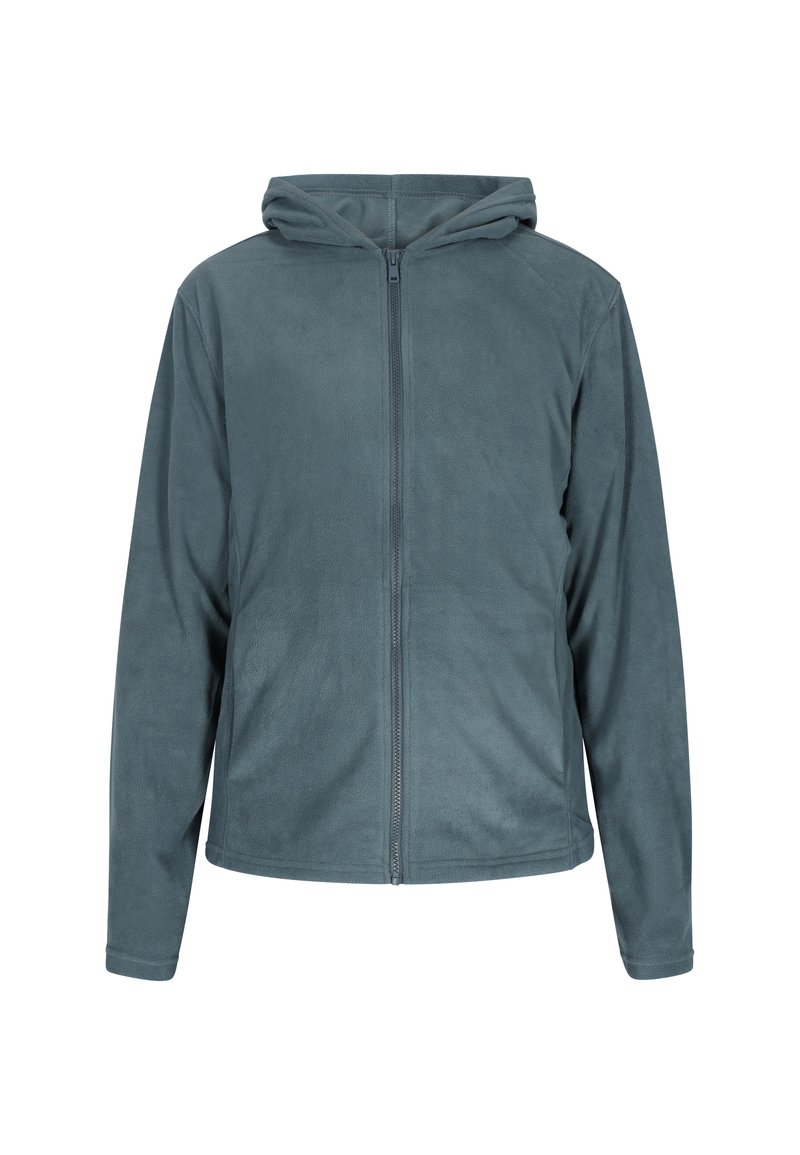 Fleece hoodie in gedempt blauw-grijs, met een ritssluiting aan de voorkant, verstelbare capuchon, lange mouwen en een zachte textuur. Ontworpen voor warmte en comfort.