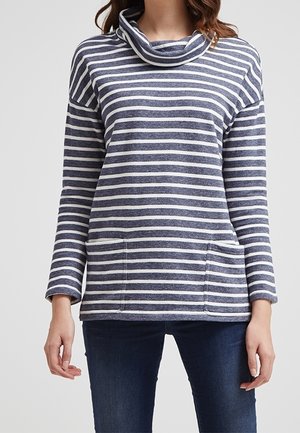 Marineblauwe en witte gestreepte top met col en lange mouwen, voorzien van twee voorzakken en een casual pasvorm, gemaakt van zachte stof.