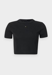 Μαύρο κοντομάνικο κρουτό πουλόβερ με στρογγυλή λαιμόκοψη και μικρό χρυσό λογότυπο "AX" στο κέντρο του στήθους.