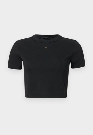 Čierny krátky rukáv top z pleteniny s kulatým výstrihom a malým zlatým logom "AX" v strede hrudníka.