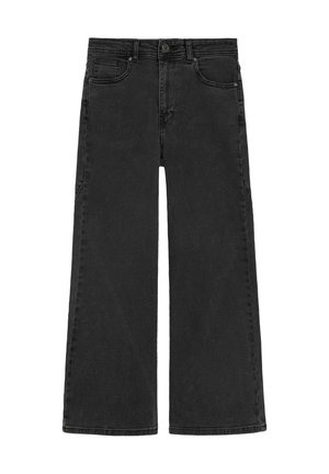 Vaqueros de mezclilla negros de pierna ancha con cinco bolsillos y cierre de botones, mostrados extendidos sobre un fondo blanco.