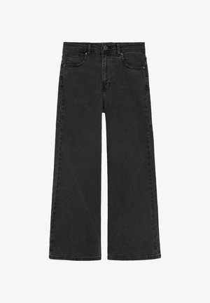 Vaqueros de mezclilla negros de pierna ancha con cinco bolsillos y cierre de botones, mostrados extendidos sobre un fondo blanco.