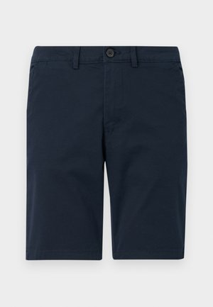 Tamsiai mėlynos šortai, pagaminti iš medvilnės mišinio, su mygtuko uždarymu, diržo kilpom ir tiesiomis sijomis su minimaliu dekoravimu.