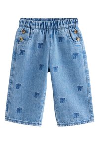 Svijetloplave traper culottes hlače s elastičnim pojasom, ukrašene vezanim mašnama i četiri gumba na pojasu.