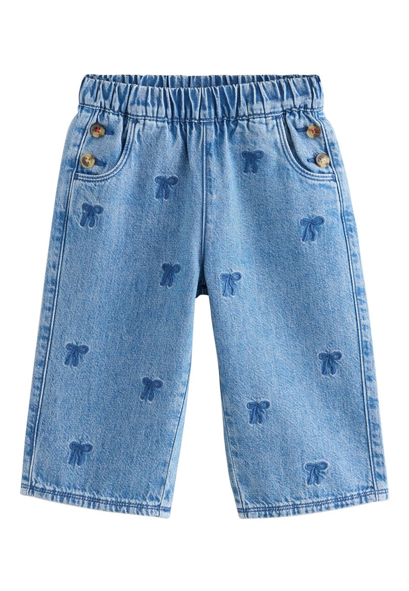 Svijetloplave traper culottes hlače s elastičnim pojasom, ukrašene vezanim mašnama i četiri gumba na pojasu.