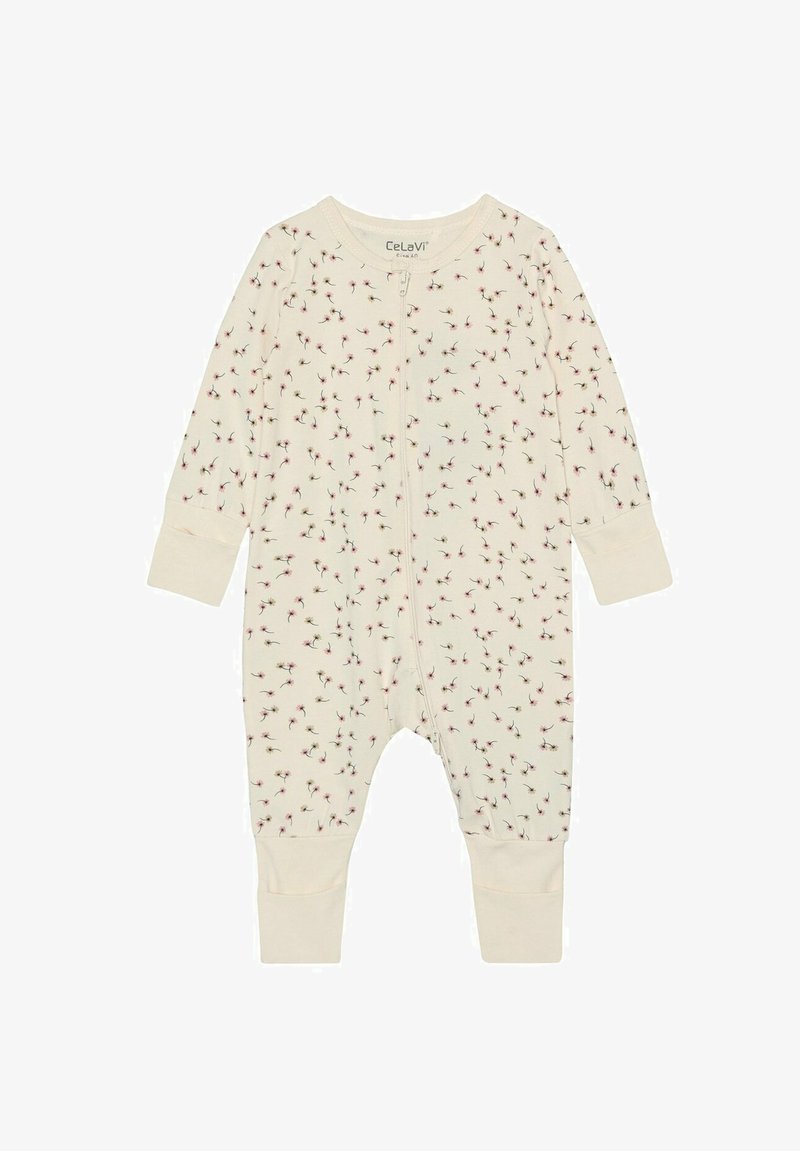Grenouillère pour bébé de couleur crème avec manches et jambes longues, petit imprimé floral, fermeture éclair à l'avant et poignets en côte aux manches et aux chevilles.
