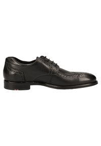 Schwarze Leder-Schnürschuhe mit Brogue-Verzierungen, runder Zehenform und glatter Oberfläche. Mit einem niedrigen Absatz und dezentem Markenakzent.