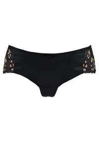 Parte inferiore di bikini nera in tessuto liscio, caratterizzata da pannelli in pizzo con un motivo floreale e accenti in oro e beige. Includa un dettaglio a fiocco frontale.