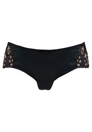 Svart bikini-bunn i glatt stoff, med blondepaneler med blomstermønster i gull- og beigeaksenter. Foran er det en sløyfedetalj.