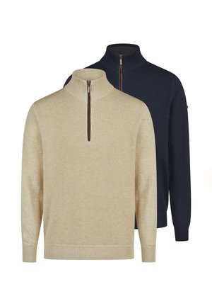 Beige og marineblå strikkede sweatere med kvart-lynlås, ribstrikkede manchetter og kanter, vist overlappende på en hvid baggrund.