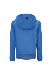 Sweat à capuche bleu en tissu lisse. Présente un logo noir au niveau du col, des manches longues et des poignets et un ourlet côtelés.
