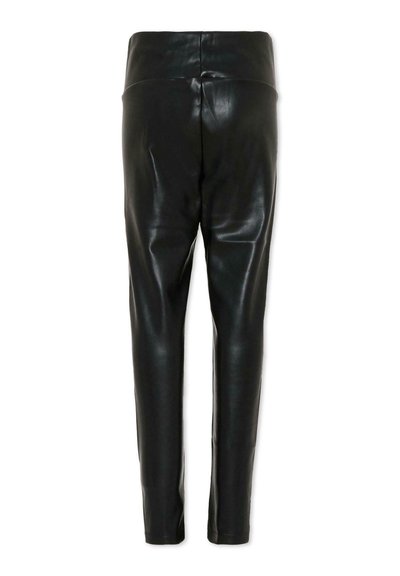 Zwarte faux leren skinny broek met een gladde textuur en hoge tailleband, met gepersonaliseerde naden en een taps toelopend ontwerp.