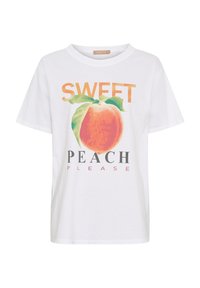 Hvid bomulds T-shirt med et ferskenmotiv med grønne blade og teksten "SWEET PEACH PLEASE" i orange og sort skrift.