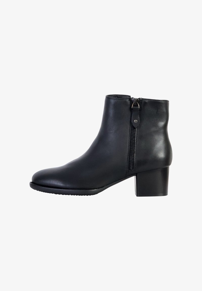 Black leather ankle boot with a rounded toe, side zipper, and a chunky heel. Smooth texture and minimalist design with no visible patterns.