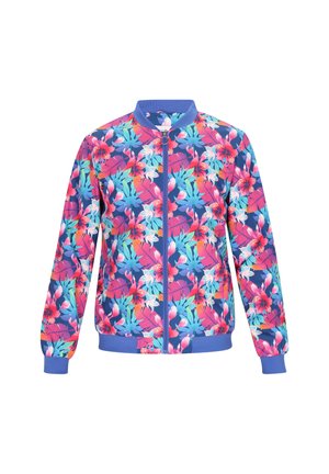 Chaqueta bomber con cremallera y un vibrante patrón floral en rosa, púrpura y azul. Presenta puños y cuello acanalados, fabricada en un tejido suave.