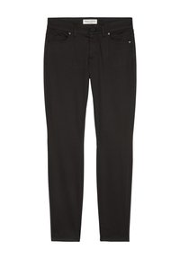 Pantaloni in twill di cotone neri con vestibilità dritta, design a cinque tasche, passanti per cintura e chiusura a bottoni e zip. Tessuto liscio, decorazioni minime.