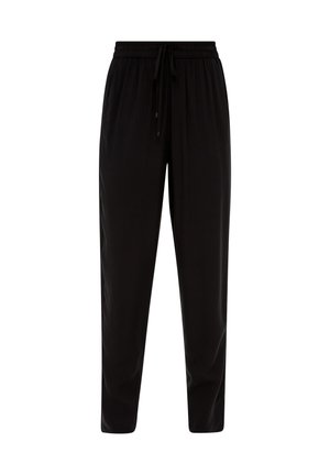 Schwarze, schmal zulaufende Hosen aus weichem Stoff mit elastischem Bund und verstellbarem Kordelzug. Mit Seitentaschen und glatterTextur.