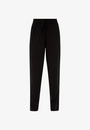 Crne hlače sužene kroja od mekanog materijala s elastičnom potpeticom i podešavajućom vezicom. Imaju bočne džepove i glatku teksturu.