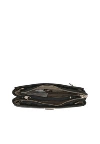 Pochette en cuir noir avec deux compartiments zippés et quincaillerie de couleur or. L'intérieur présente une doublure à motif et plusieurs poches pour l'organisation.