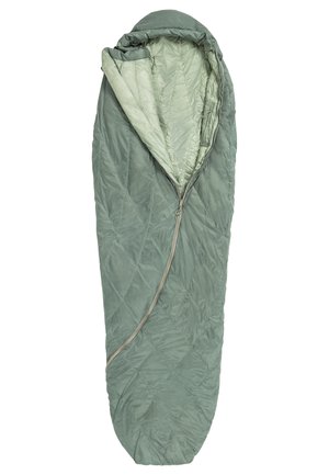 Ein grüner, gesteppter Schlafsack mit einer Kapuze, der über einen durchgehenden Reißverschluss und ein glattes Innenfutter verfügt. Kompaktes Design für den Einsatz im Freien.