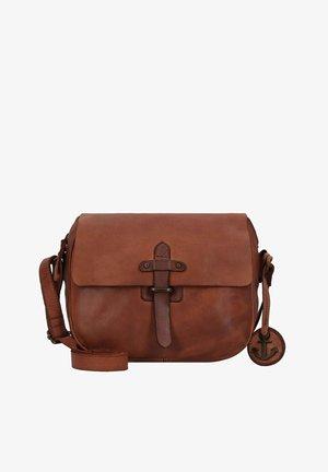 Braune Leder-Crossbody-Tasche mit verstellbarem Riemen, Schnallenverschluss und rundem Anker-Charm-Detail. Glatte Textur mit matter Oberfläche.